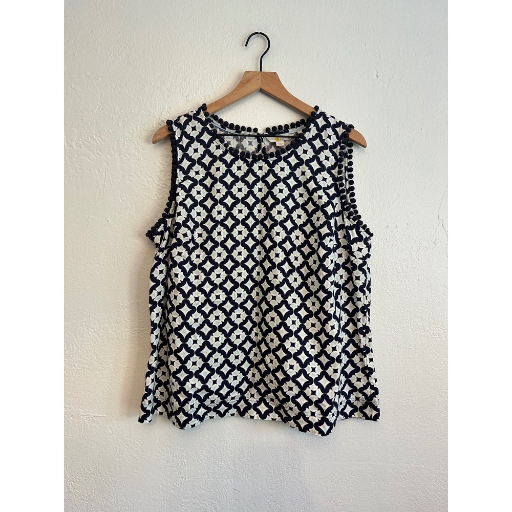 Boden Womens Blue White Geometric Linen Pom Pom Trim Sleeveless Top Size US 14